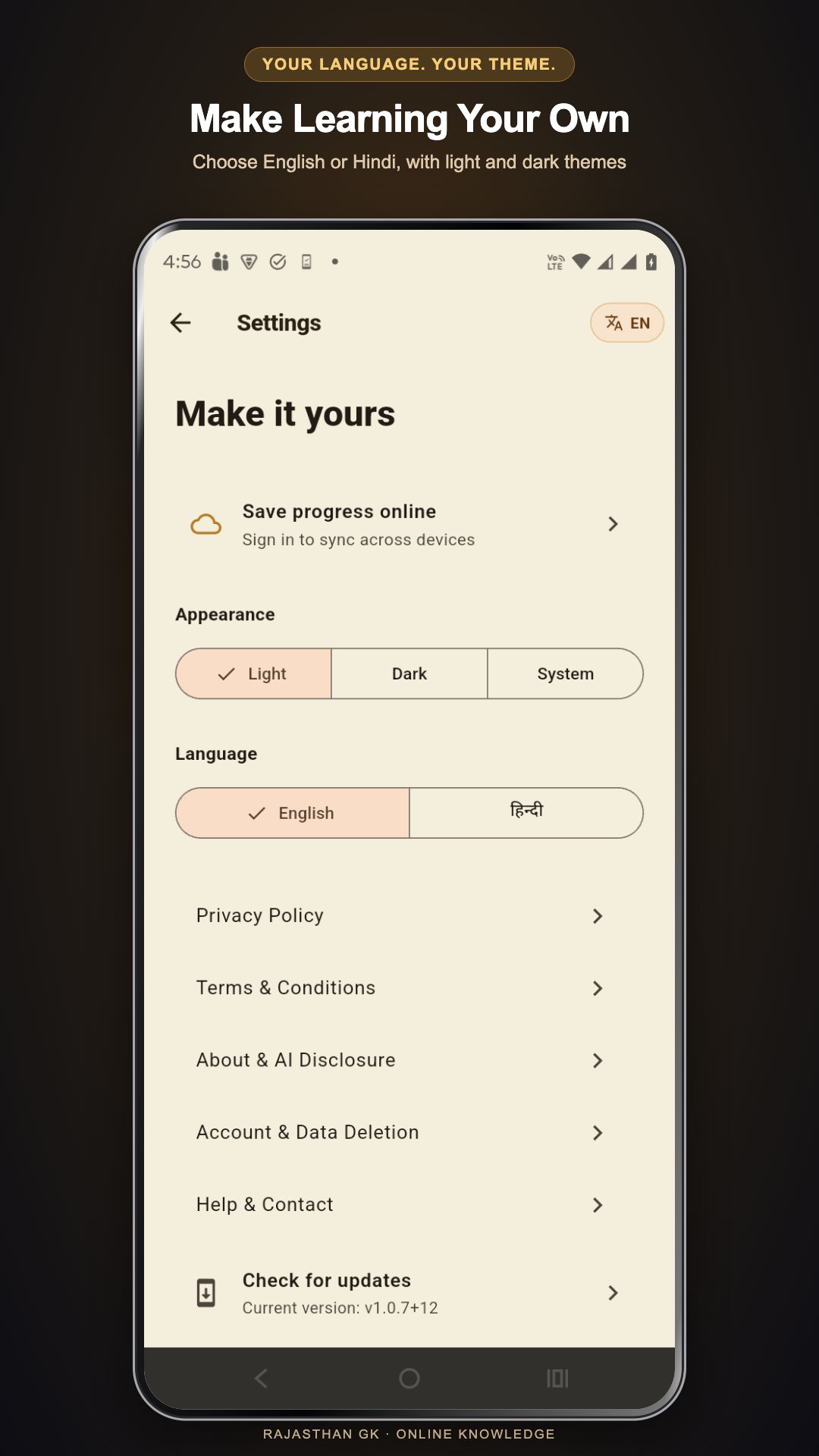 Rajasthan GK app — Language & appearance