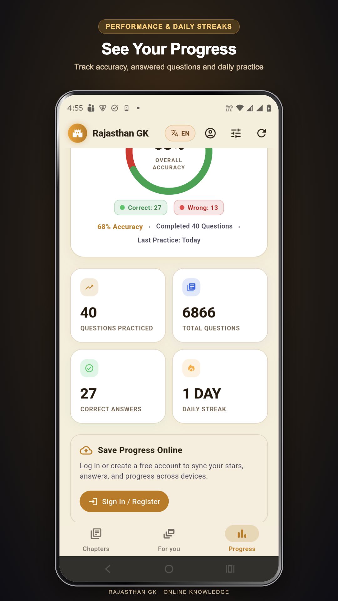 Rajasthan GK app — Progress & streaks