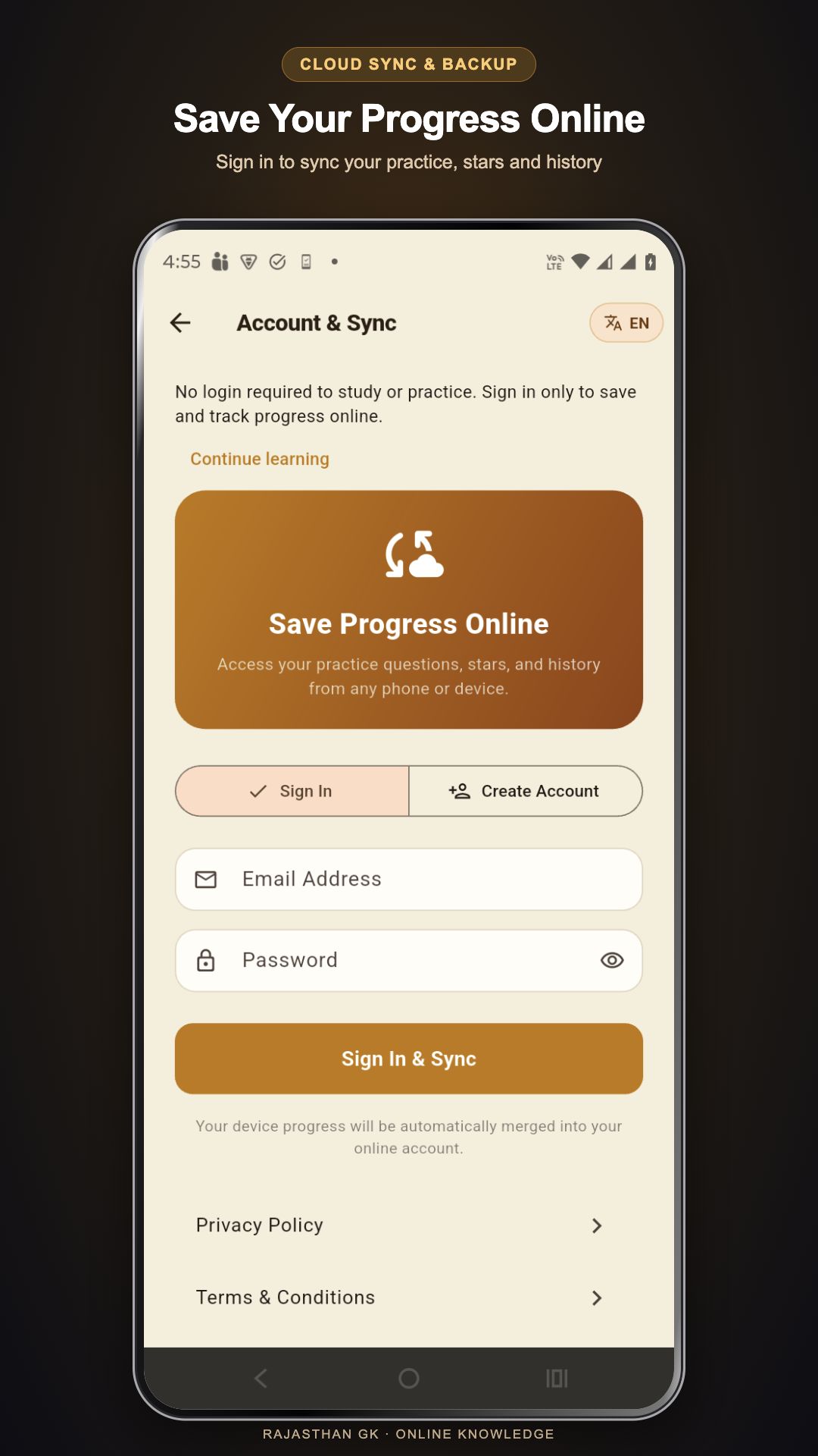 Rajasthan GK app — Account & cloud sync