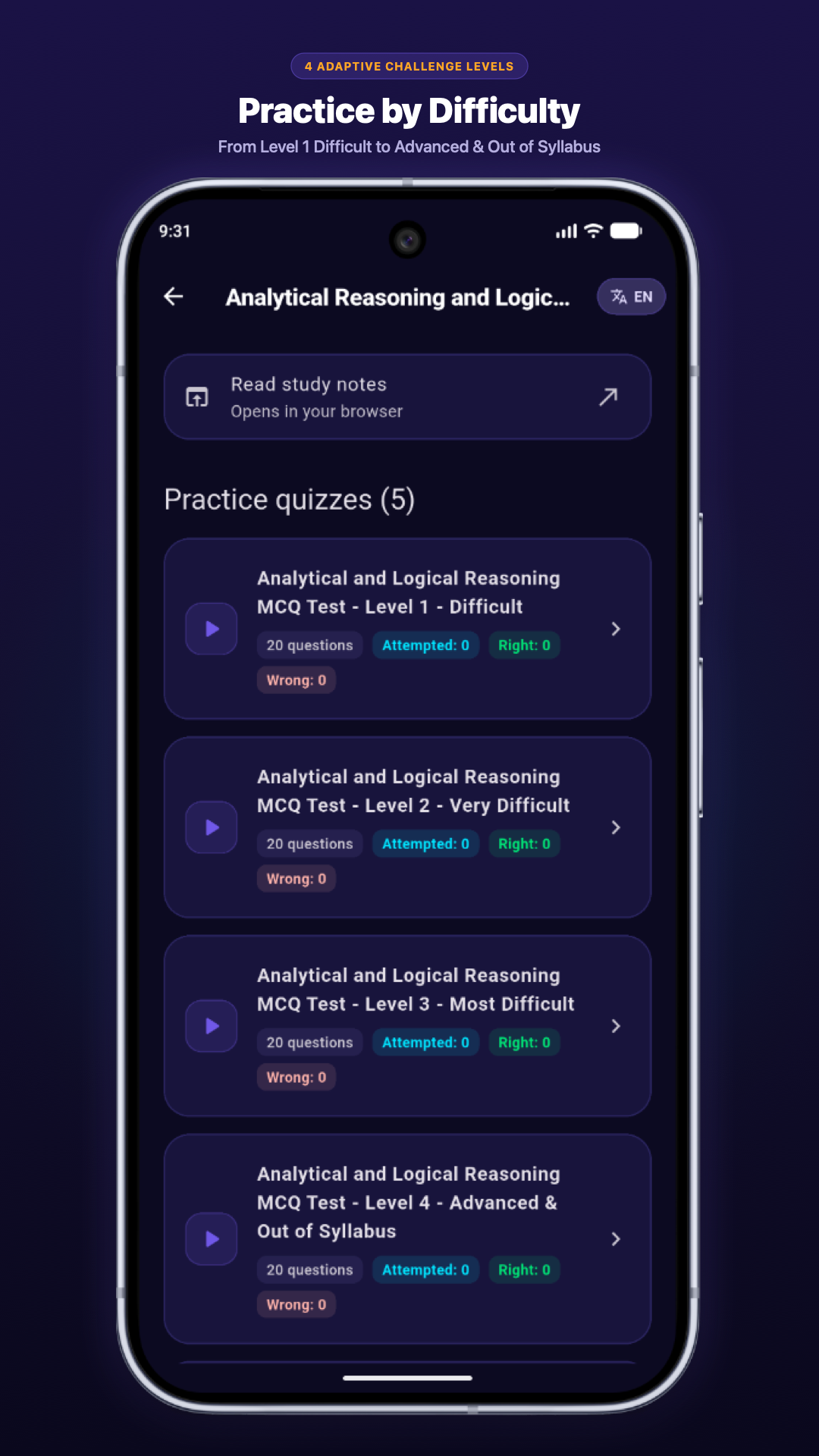 Logical Reasoning app — Quiz levels
