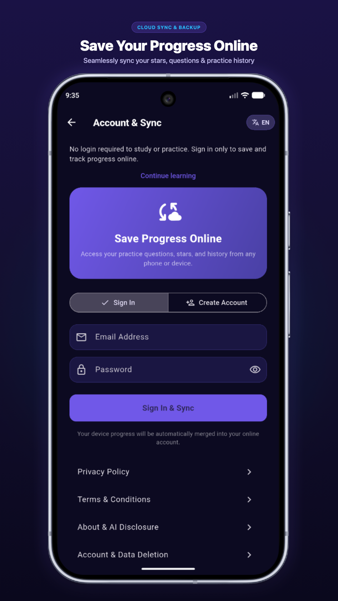 Logical Reasoning app — Account & cloud sync
